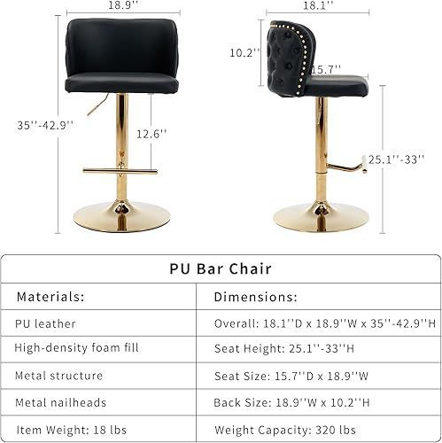 Miniatura 6 de Juego de 2 taburetes de bar giratorios de piel sintética con respaldo, altura de mostrador de 25 a 33 pulgadas, sillas de taburete ajustables de