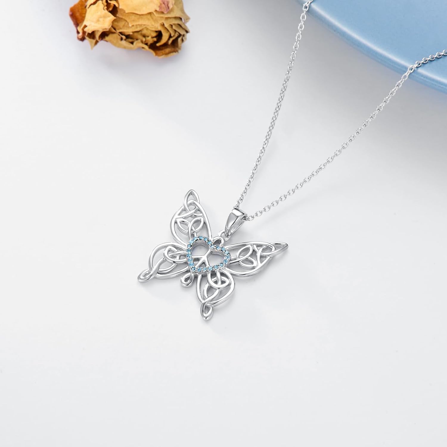 AOBOCO Peace Sign Necklace 925 Sterling Silver Celtic Knot Butterfly Pendant Necklace Peace Heart Jewelry Gift for Women - Image 3