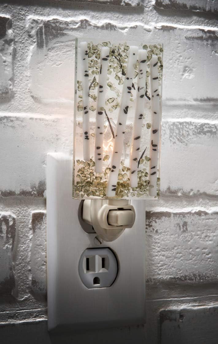 J Devlin Glass Art Aspen Tree Fused Glass Night Light, Green Stained Glass Decorative Plug-in Wall Lamp with On/Off Switch for Bathroom, Bedroom, and Hallway, Nature Home Decor