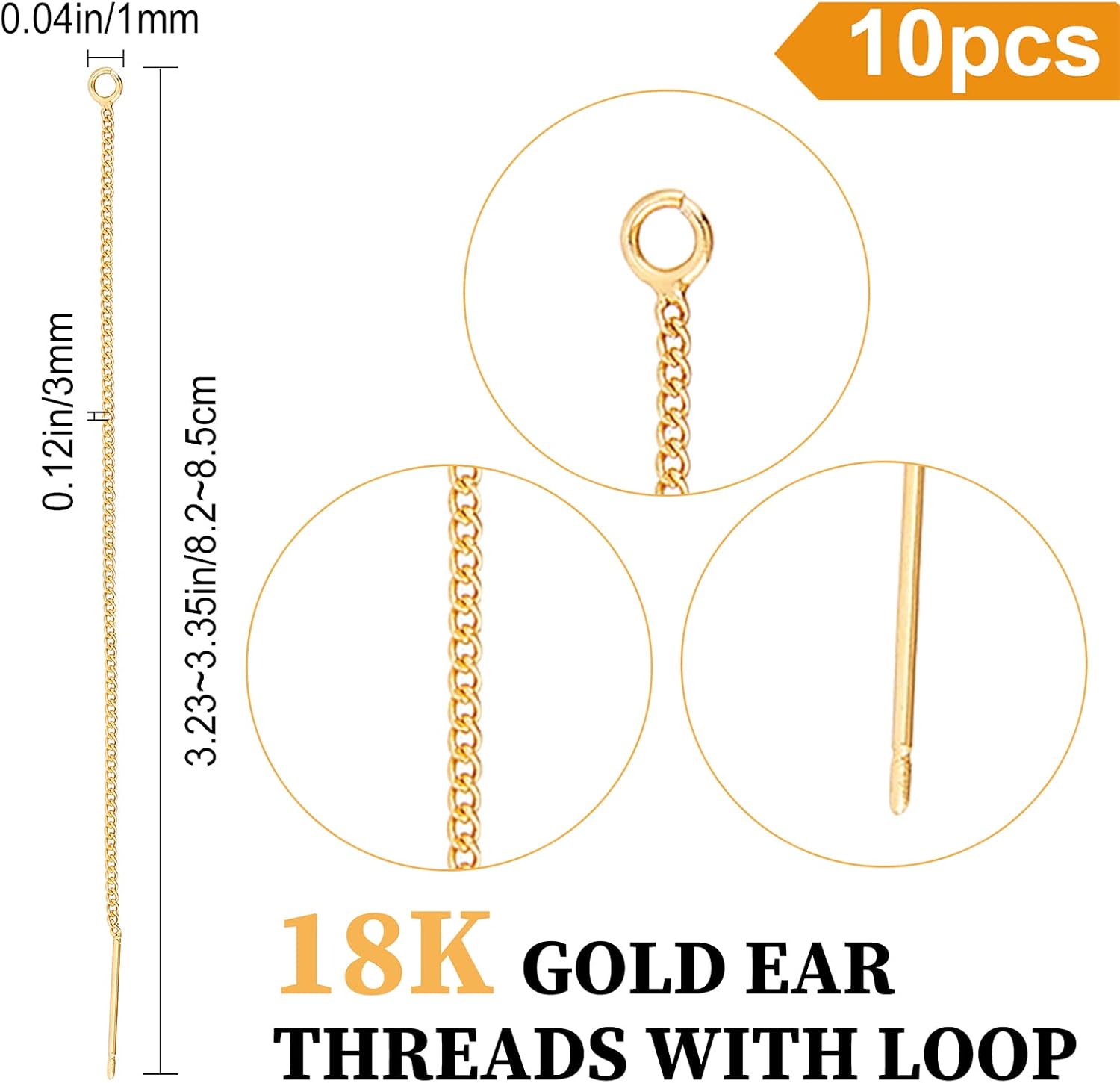 Beebeecraft 1 Box 10Pcs 18K Gold Plated Threader Earrings with 925 Sterling Silver Pins Pull Through Threaded Long Chain Drop Tassel with Loop 3.34inch for Jewelry Making