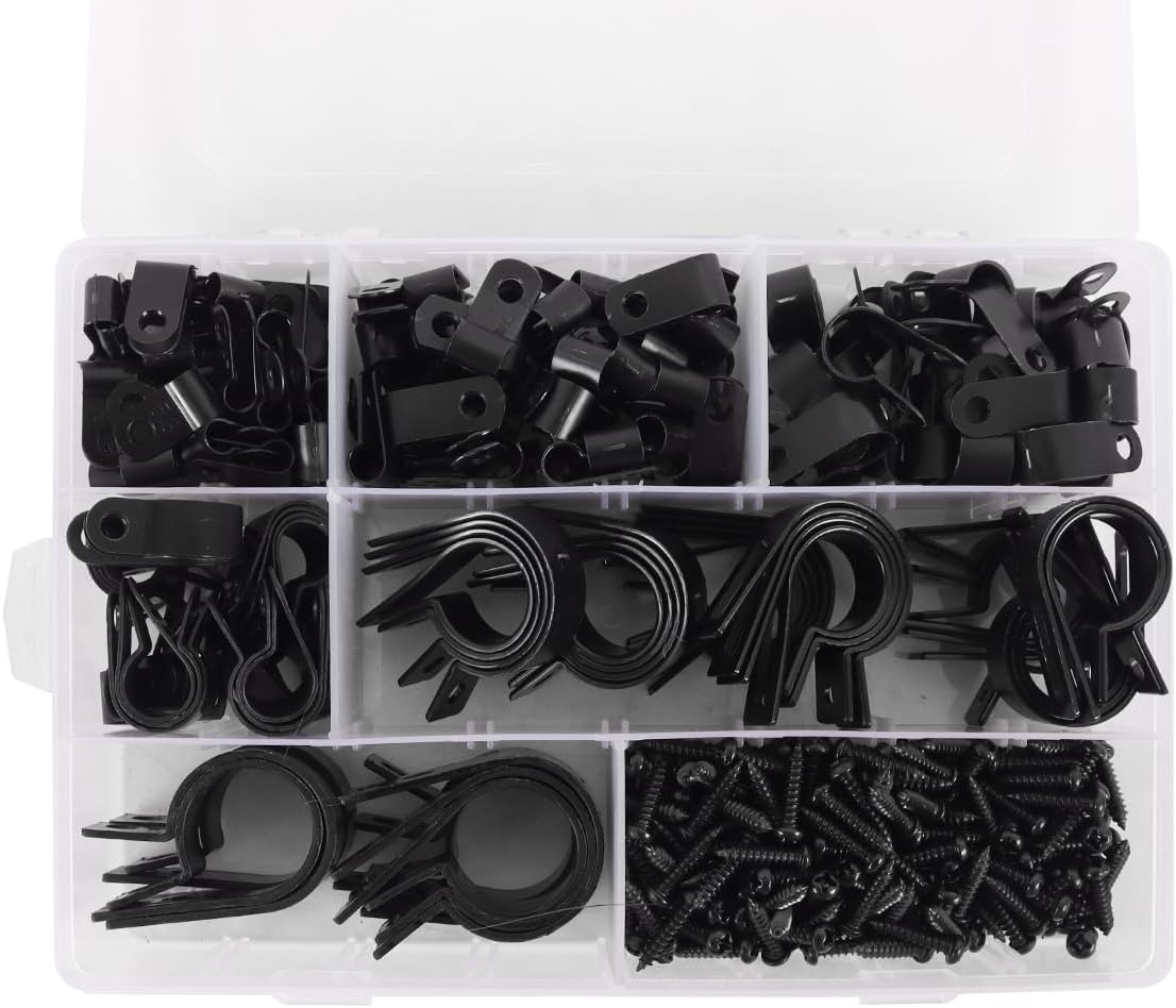 410 Piece Assortment of R-Shaped Nylon Cable Clips with Screws Black Cable Clips Assortment for Wires, Electric Cables and Cables