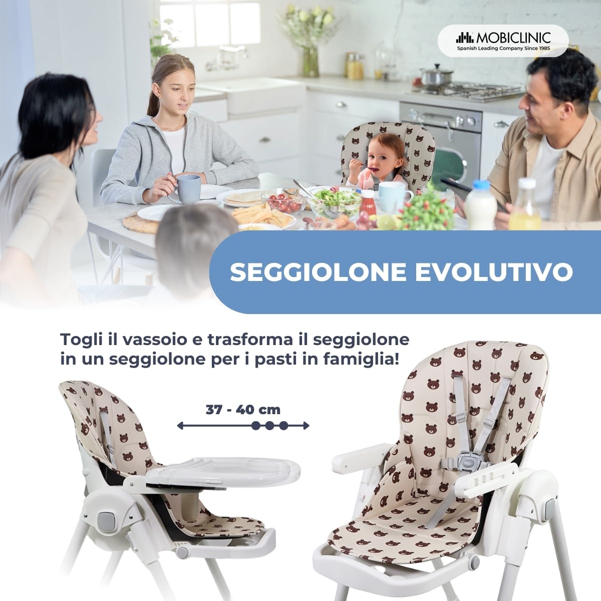 Mobiclinic® kids, Seggiolone per bambini, Evolutiva, Pieghevole, Trasformabile in, Simba, Imbracatura a 5 punti, Ruote con freno, Doppio vassoio estraibile, Tessuto lavabile, Regolabile