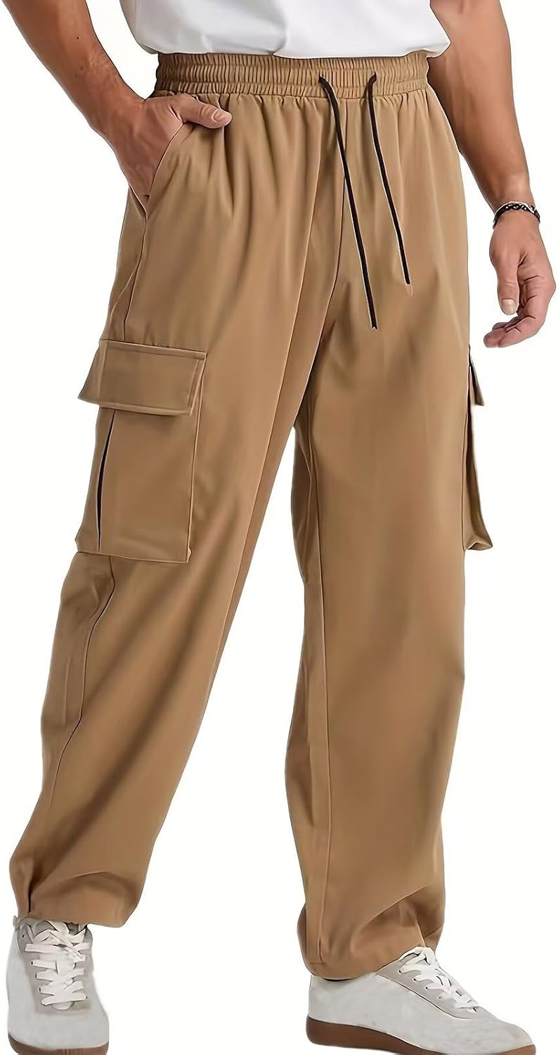 Mens Summer Joggers Pants Tactical Athletic Cargo Pants Elastic Waist Drawstring Trousers Baggy Slacks with Pockets