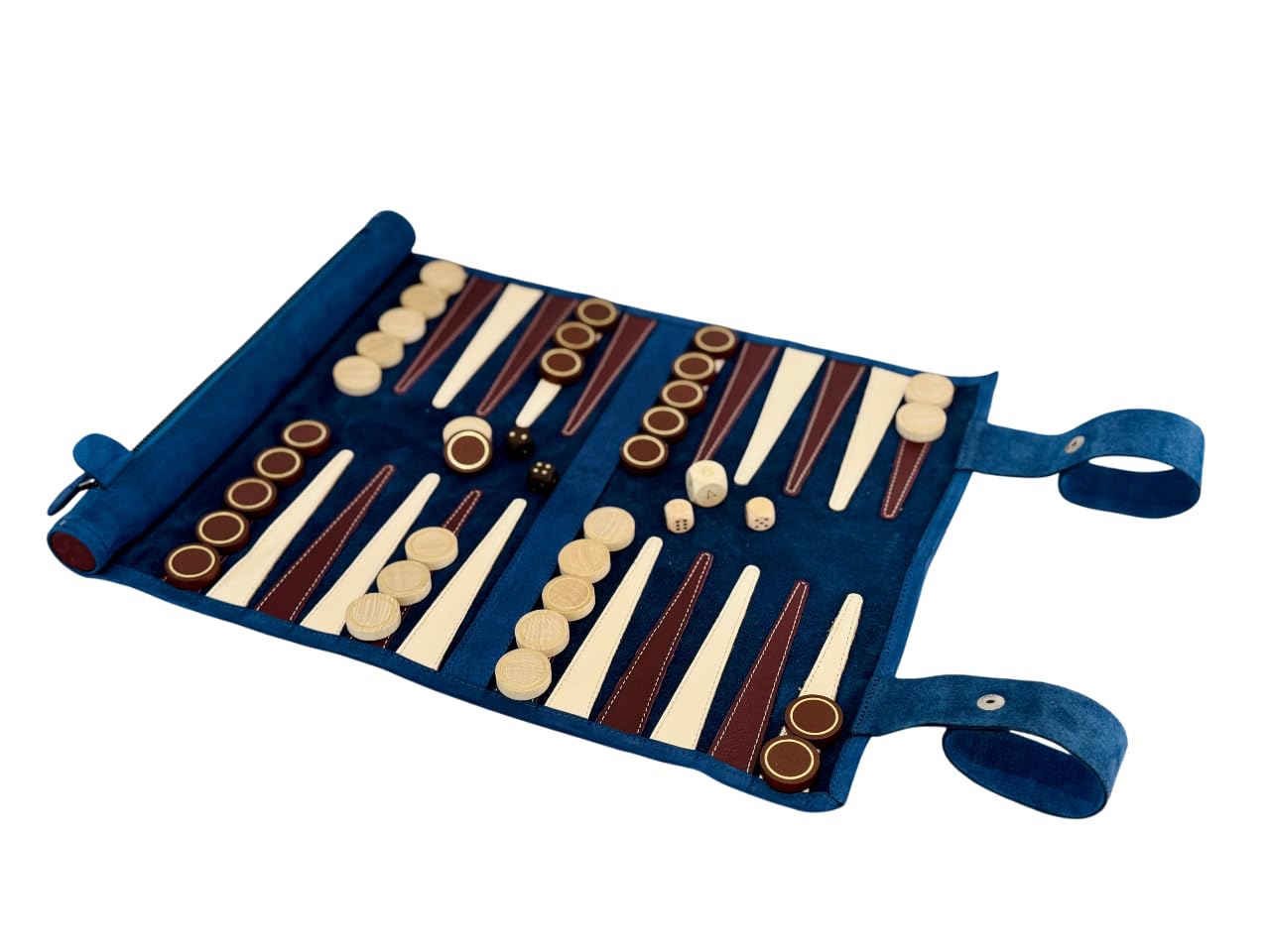 Backgammon do jazdy na kółkach, z najlepszej skóry nubukowej, z ręcznie wykonanymi drewnianymi klockami (Les Bleus)