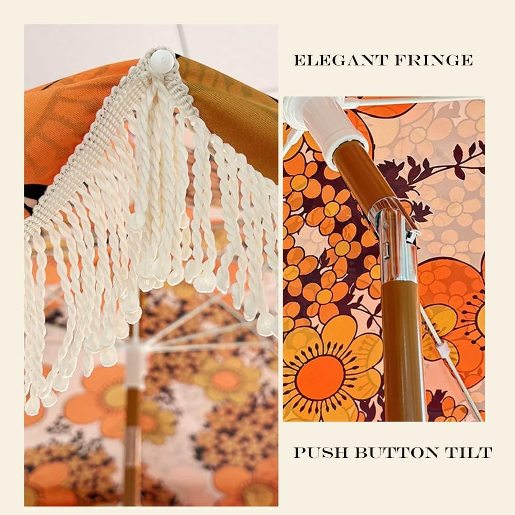 200 cm Parasol Ogrodowy w Boho z Frędzlami, Vintage Odchylany Parasol Ogrodowy, Baldachimem z Nadrukiem do Basenów Plażę
