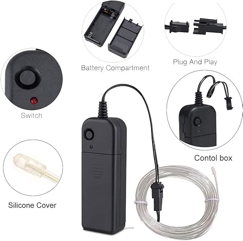 Miniatura 3 de Cable de luces, luces neón, 5 metros (16 pies), portátil, cable electro-luminiscente de neón brillante, para fiestas, Halloween, luz negra,