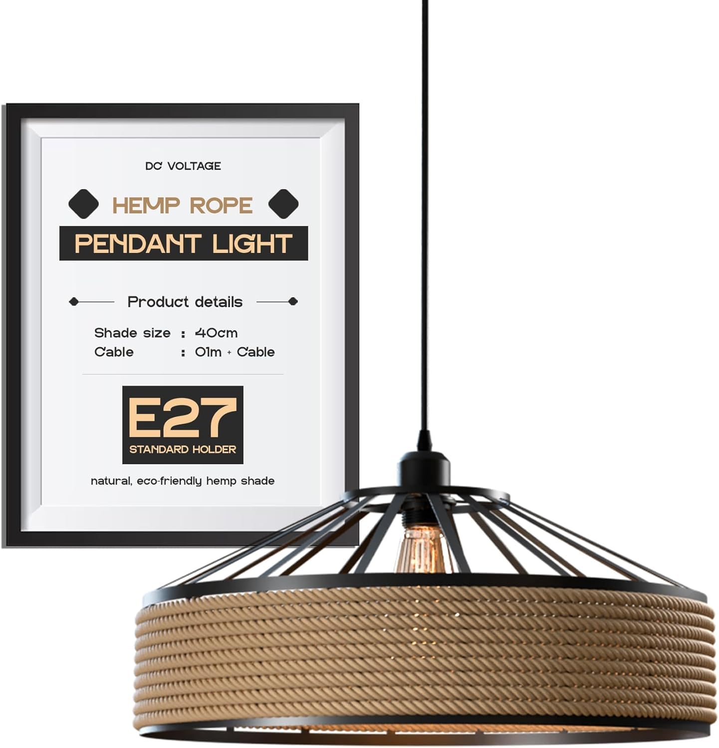 DC VOLTAGE Industrial Hemp Rope Pendant Light– 40cm Industrial Retro Ceiling Light Fixure with 1m Adjustable Cable for Living Room Bedroom Kitchen Rustic Home Decor