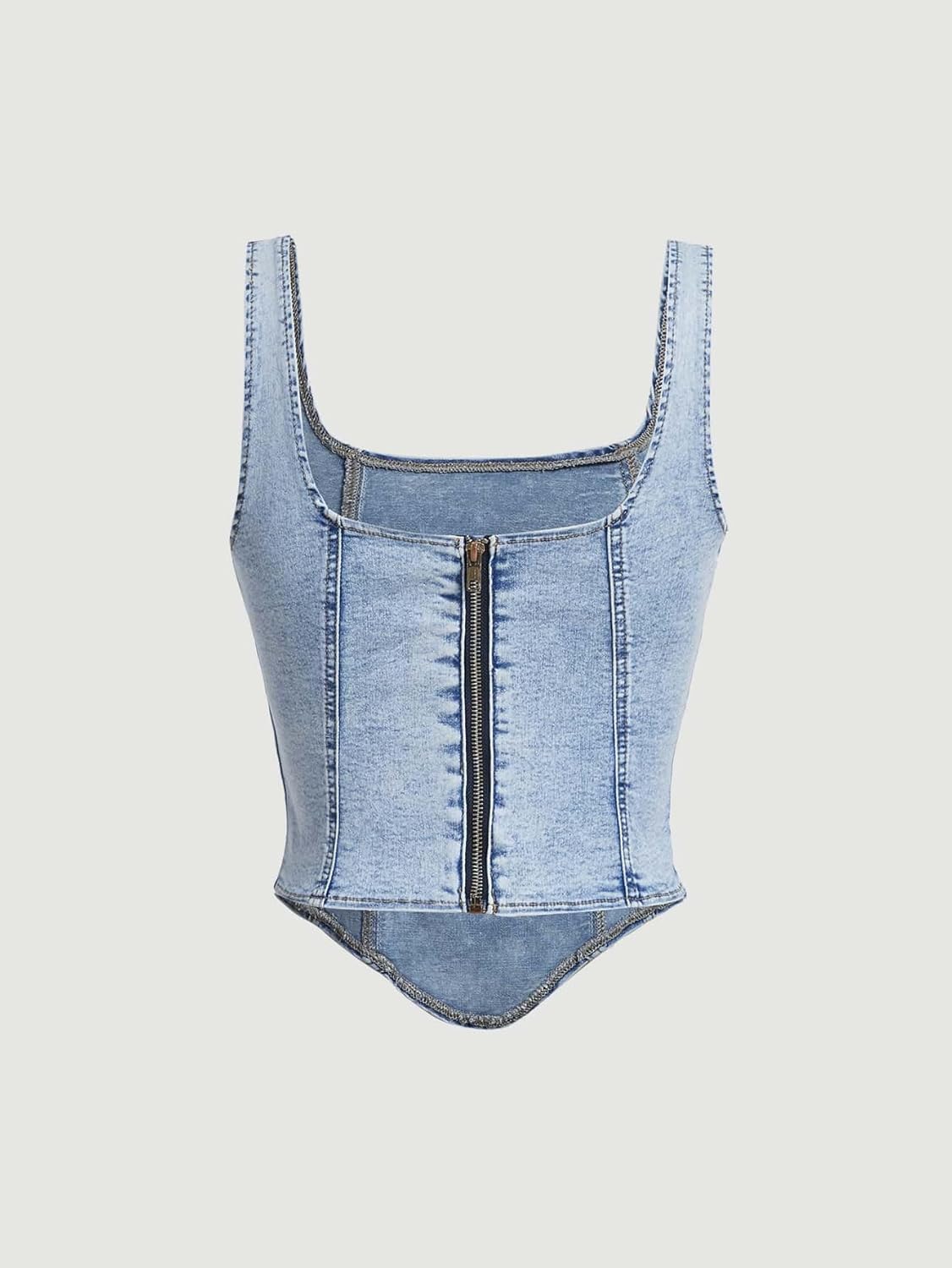 Milumia Women's Square Neck Sleeveless Corset Denim Top Asymmetrical Zip Up Back Crop Tank Tops - Image 2