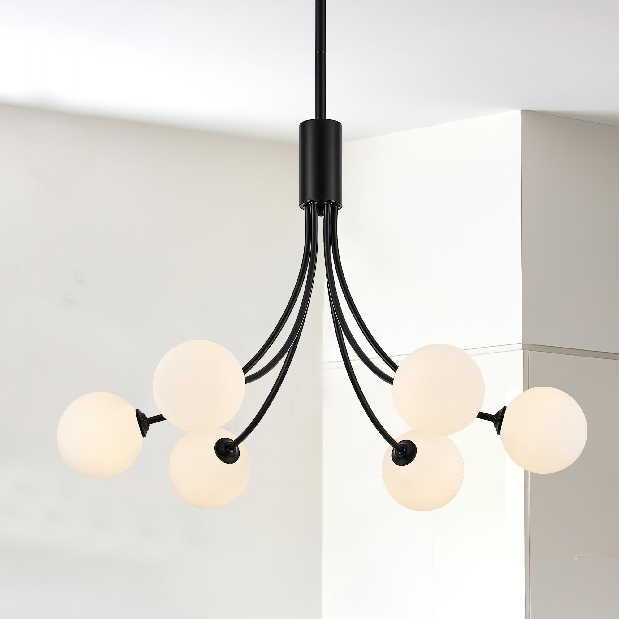 Photo 1 of Aol furin Modern Mid Century Black Chandeliers, 6-Light White Globe Glass Shade Chandeliers Hanging Sputnik Chandelier Light Fixtures for Living Room Kitchen Island Bedroom Foyer