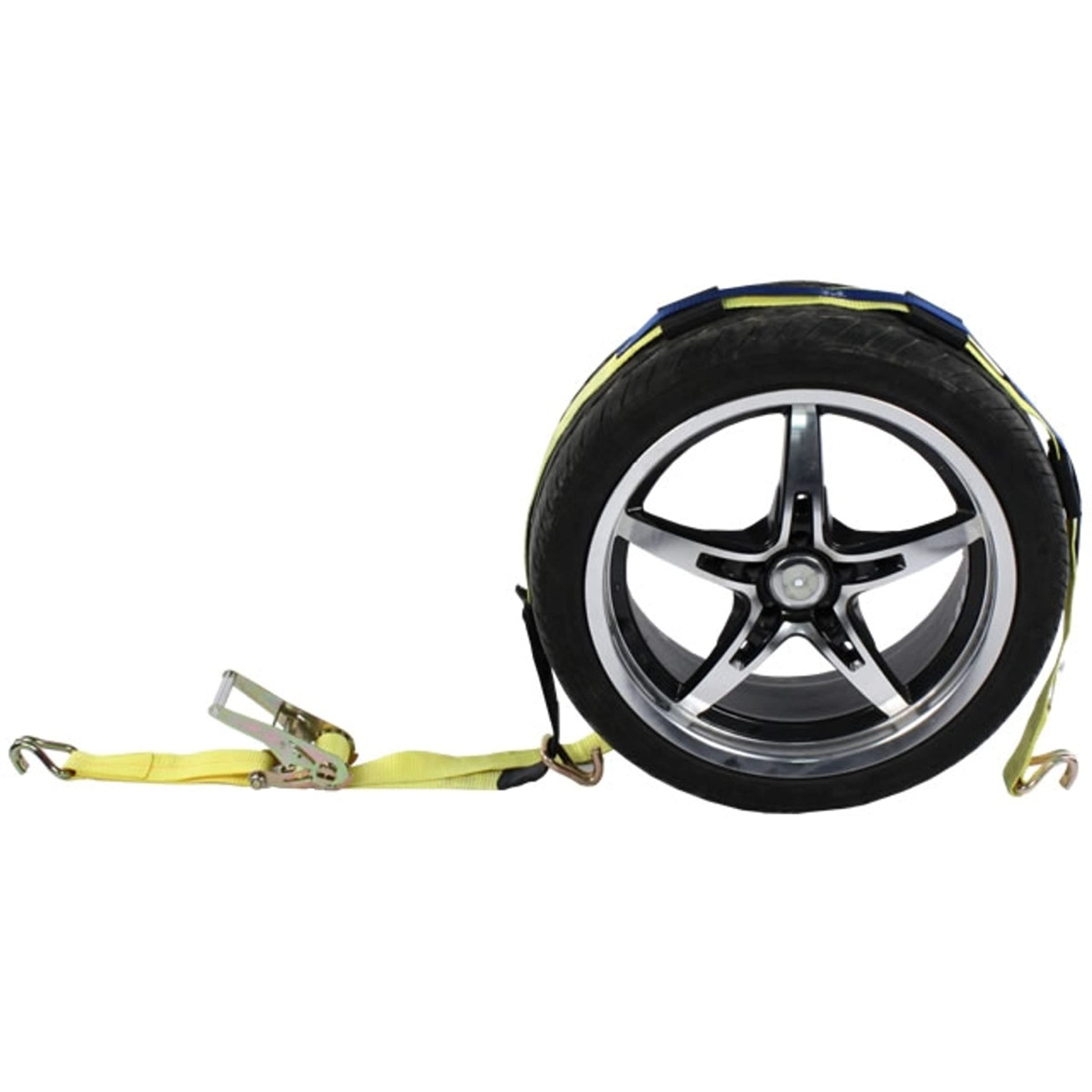US Cargo Control Wheel Strap with Wire Hooks and Three Rubber Blocks, Yellow Car Tie Down Strap, Easy to Use Tire Tie Down for Car Hauling, 3,333 Pound Working Load Limit, 4 Pack