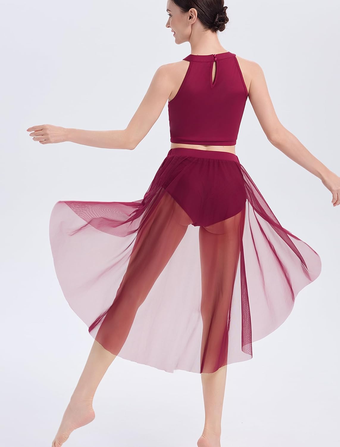 ODASDO Lyrical Dance Costumes for Women Contemporary Dancewear Sleeveless Crop Top with Mesh Tulle Flowy Skirt 2pcs Set