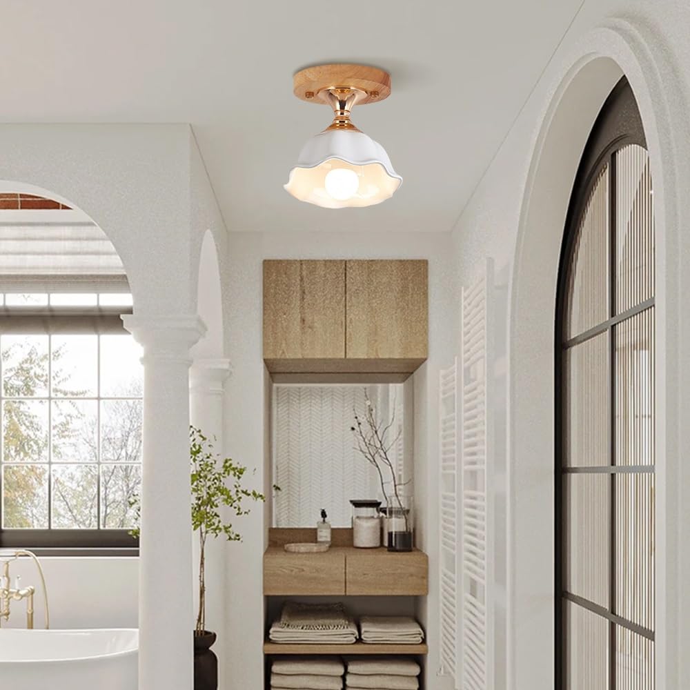 Jadssox Nordic Ceramiczna Lampa Sufitowa Drewniana Plafon Do Montażu Podtynkowego, Drewniana Podstawa Blisko Sufitu Z Białym Ceramicznym Kloszem, Nowoczesne Lampy Sufitowe Do Przedpokoju