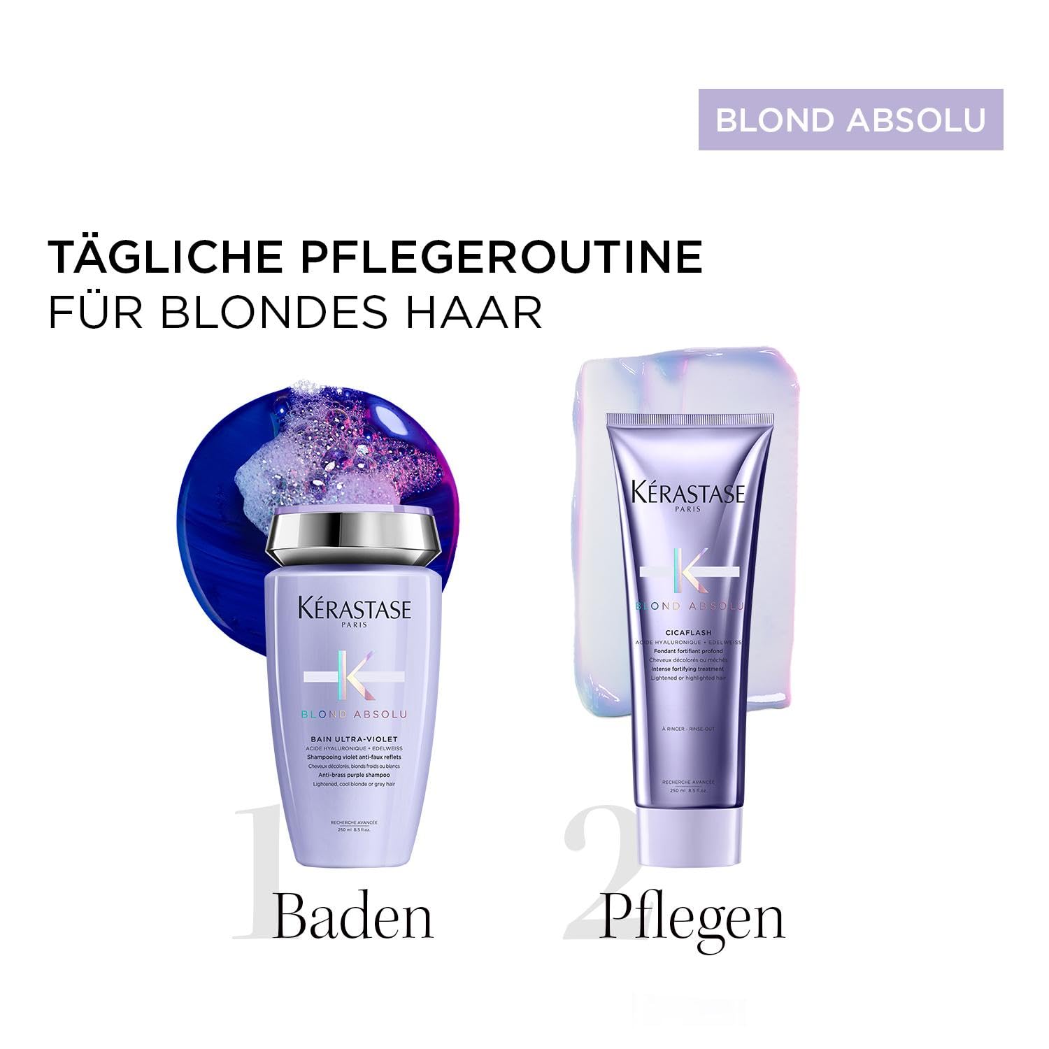 Kérastase Pflegeset mit Anti-Gelbstich Shampoo und Haarspülung für strapaziertes und ausgeblichenes Haar, Mit Hyaluronsäure, Bain Ultra-Violet & Cicaflash Conditioner, Blond Absolu (2 x 250 ml)