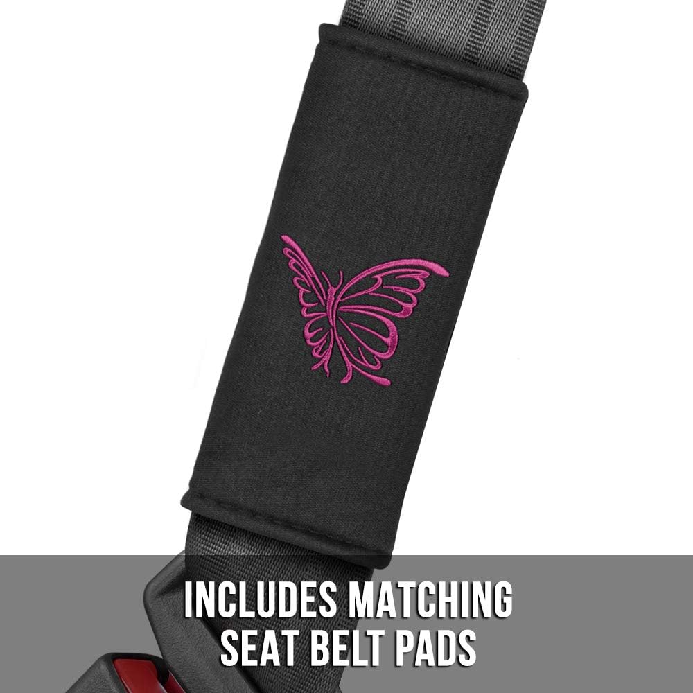 BDK Pink Butterflies Car Seat Covers for Women, Full Set with Steering Wheel Cover and Seat Belt Pads – Front and Rear Covers with Matching Embroidered Accessories, Fits Most Car Truck Van SUV