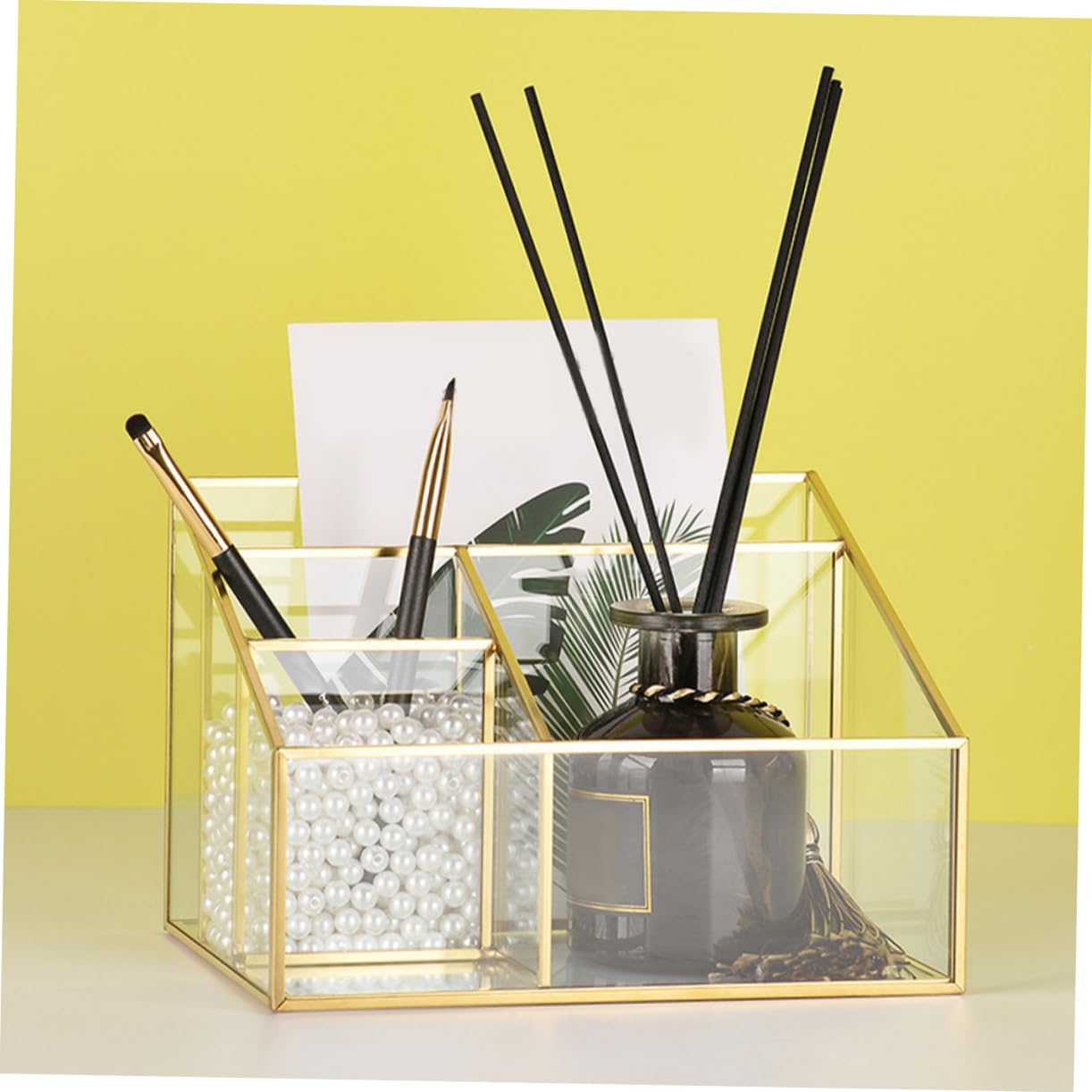 Frame Glass Makeup Organizer with Compartments Cosmetics Display Case for Lipstick Brush Eyeliner Storage Vanity Cosmetic Holder for Desk and Bathroom Countertop