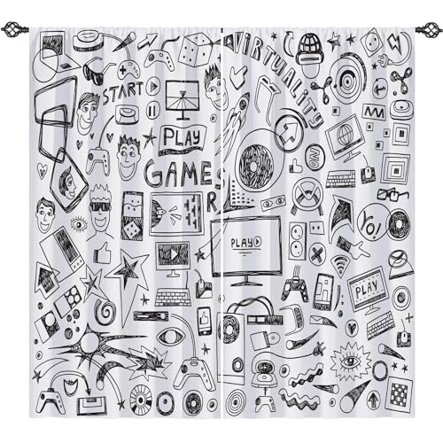 YUANZU Video Game Curtains W42 x L63 Inch Rod Pocket Kids Computer Gamepad Sports Rocket Teen 90's Print Pattern Privacy Fabric Window Drapes for Boys Girls Bedroom Nursery Baby Playroom 2 Panels