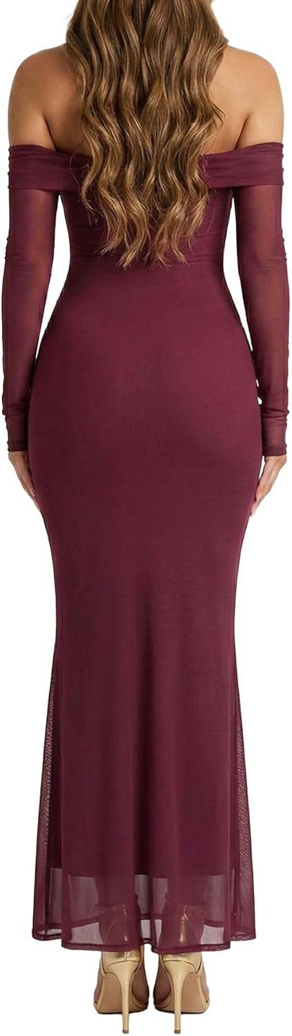 Off The Shoulder Bodycon Corset Ruched Maxi Dress Built-in Bra Long Sleeves Wedding Guest Long Dresses for Women - Image 2