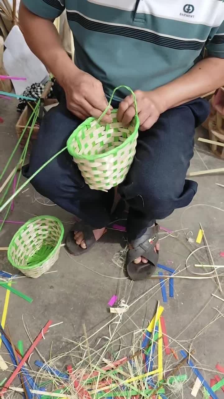 Handcrafted Green & Natural Bamboo Basket with Handles – Small Round Woven Storage Basket for Home and Organization