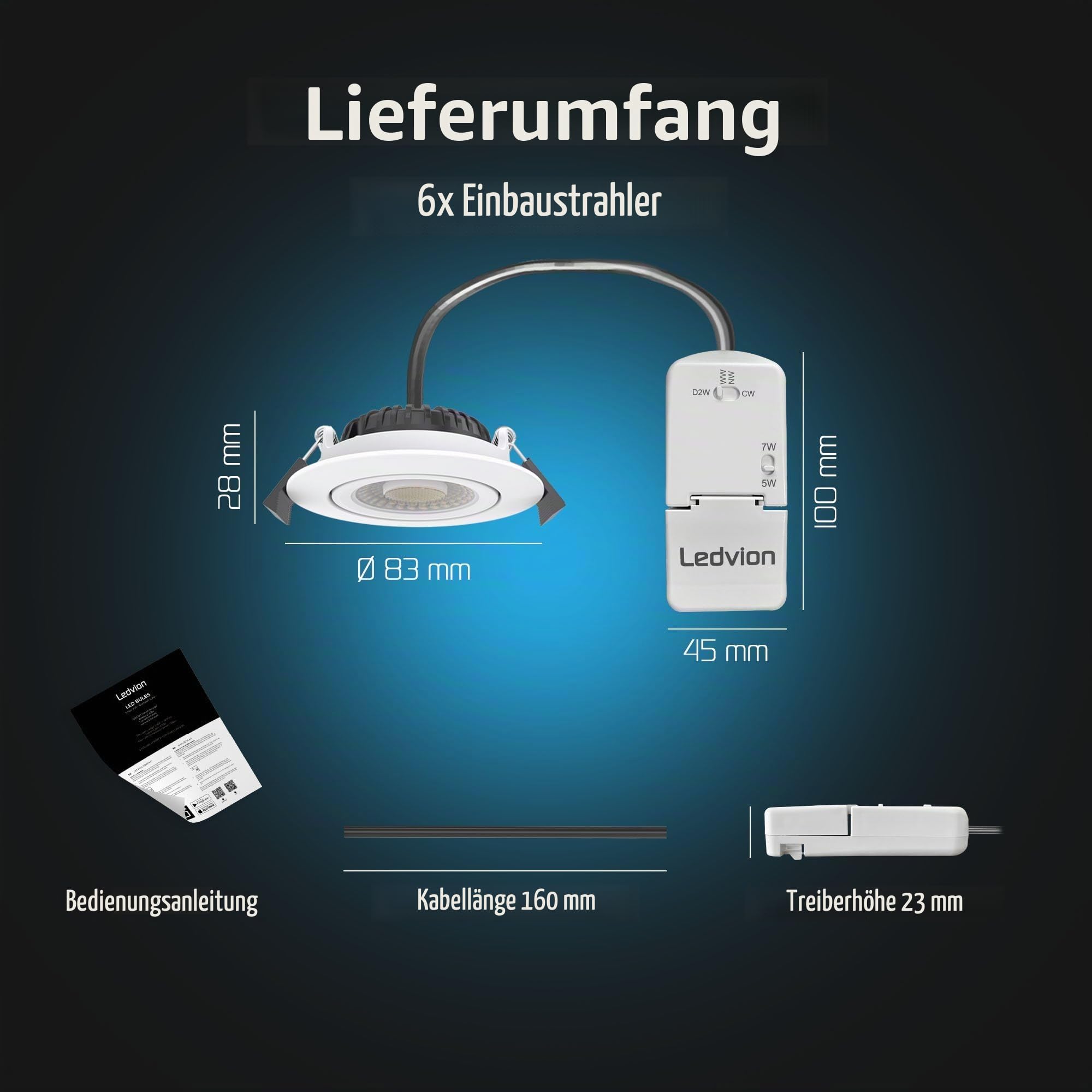 Ledvion - 6x LED Einbaustrahler, 230V, Weiß, dim to warm, IP65, wasserdicht, 5W/7W, COB, Downlight, Deckenstrahler, Bad, Küche, warmweiß, Tageslicht, Halogenersatz, Stimmungslicht, kompakt
