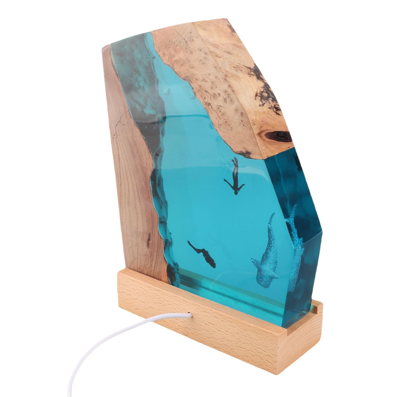 SIXRUN Veilleuse en Résine Époxy Scène Océan avec Baleine Requin Plongeur, Lampe LED Artisanale, Base en Bois, 23cm, 5V, 1183g
