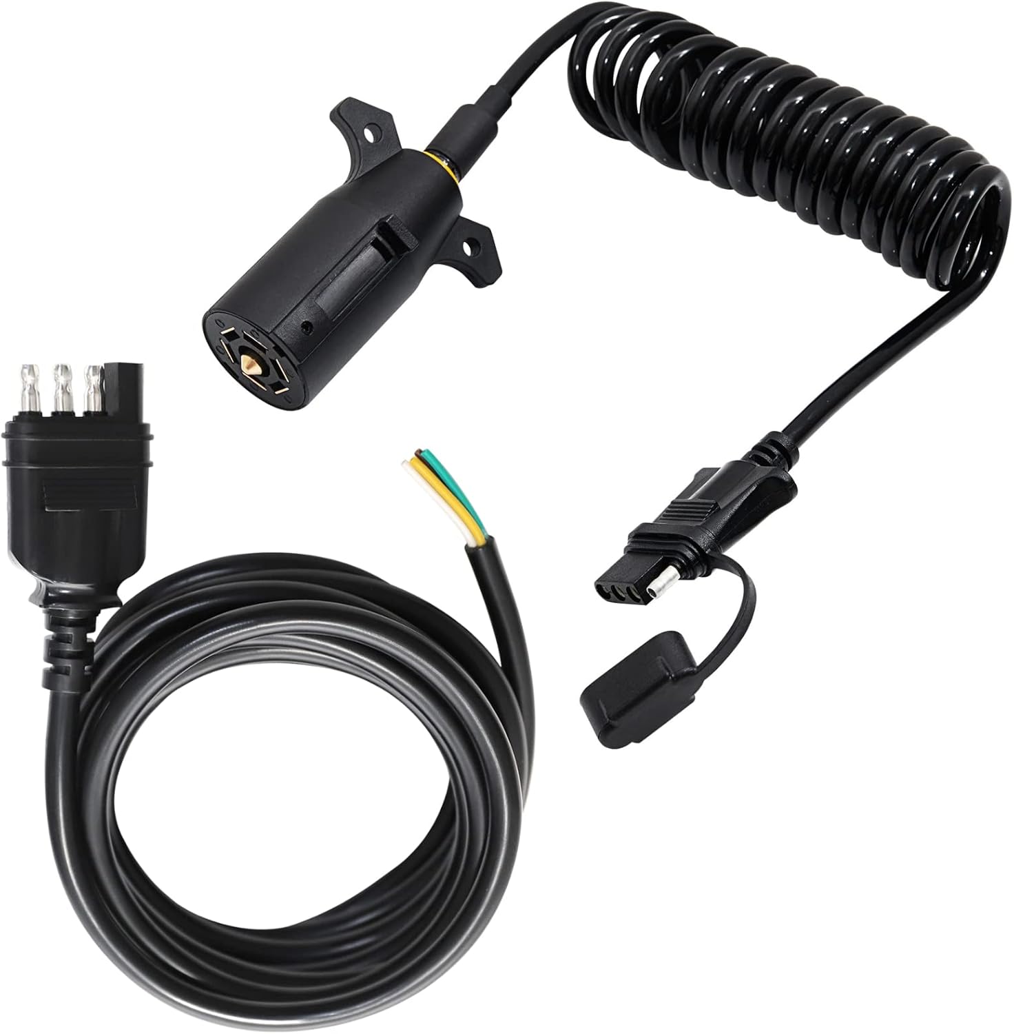 MECMO 7.5ft 7 Way Blade to 4 Way Flat Trailer Adapter Coiled Extension Harness 7Pin to 4Pin Trailer Plug, 4 Way Trailer End Connector Wire 10 Feet 18AWG 4 Pin Trailer Light Plug Hitch Wiring 10ft