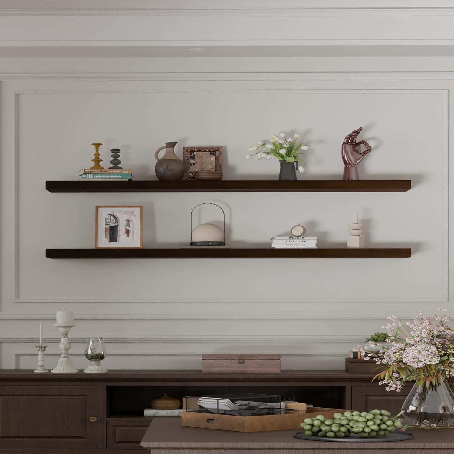 IEO Long Wooden Floating Shelves for Room Wall, Natural Wood Floating Shelves Wall Mounted Kitchen Shelf for Living Room, Bedroom, Kitchen,Bathroom,