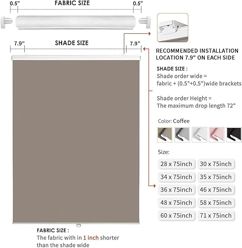 Miniatura 5 de Joydeco Persianas pequeñas de tela café de 30 pulgadas de ancho, sin cordones, opacas, para puertas corredizas de vidrio, dormitorio, oscurecimiento