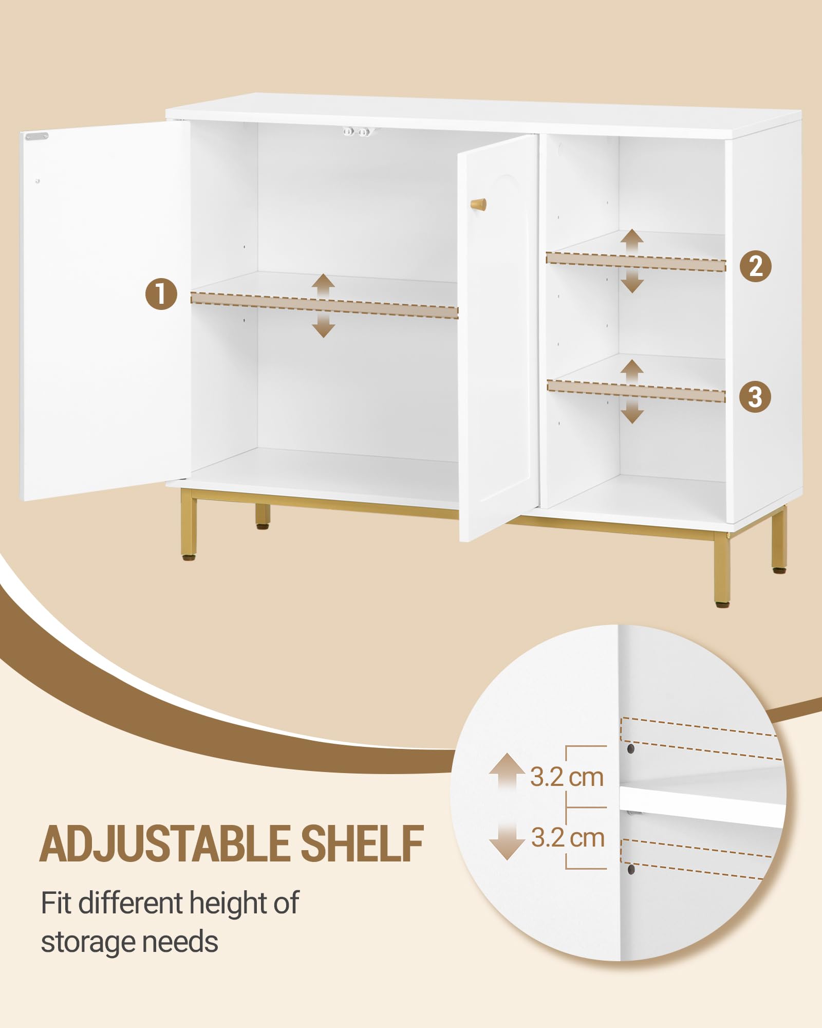 Hzuaneri Mobile da Bagno, Armadietto Autoportante, con 3 Ripiani Aperti Regolabili e 2 ante, Grande Capacità di Stoccaggio, per Bagno, Soggiorno, Ingresso, Cucina, Bianco-Oro SC10203G