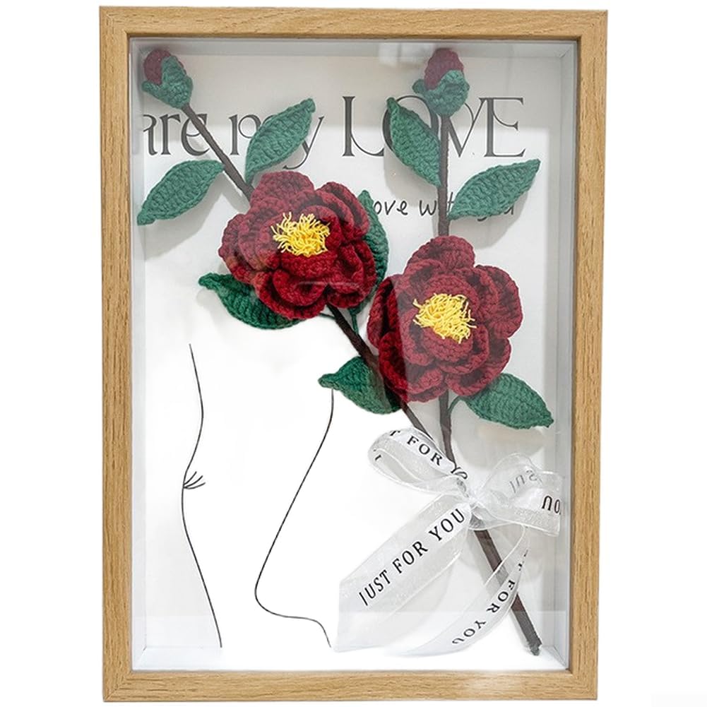TVANTRUXIS Hand Woven Artificial Flowers, Handmade Crochet Sunflower Bouquet Frame Ornament Multicolor Multiple Sizes(Camellia-A)