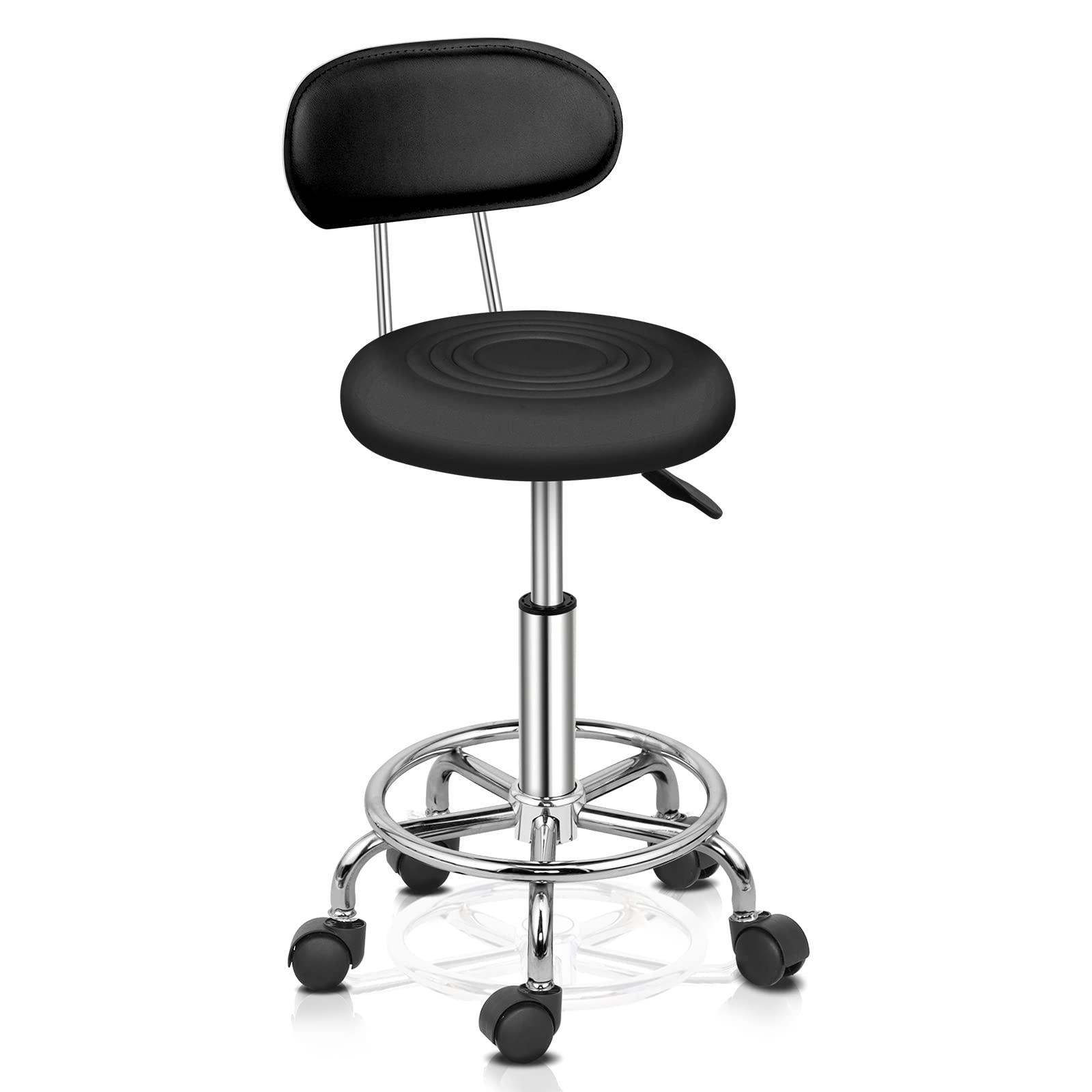 Bonnlo Tabouret roulettes Professionnel avec Dossier, Tabouret de Bureau Rotation à 360° et Hauteur Réglable, Revêtement en PU, pour Salon de Massage, Manucure et Bureau (Noir, Standard)