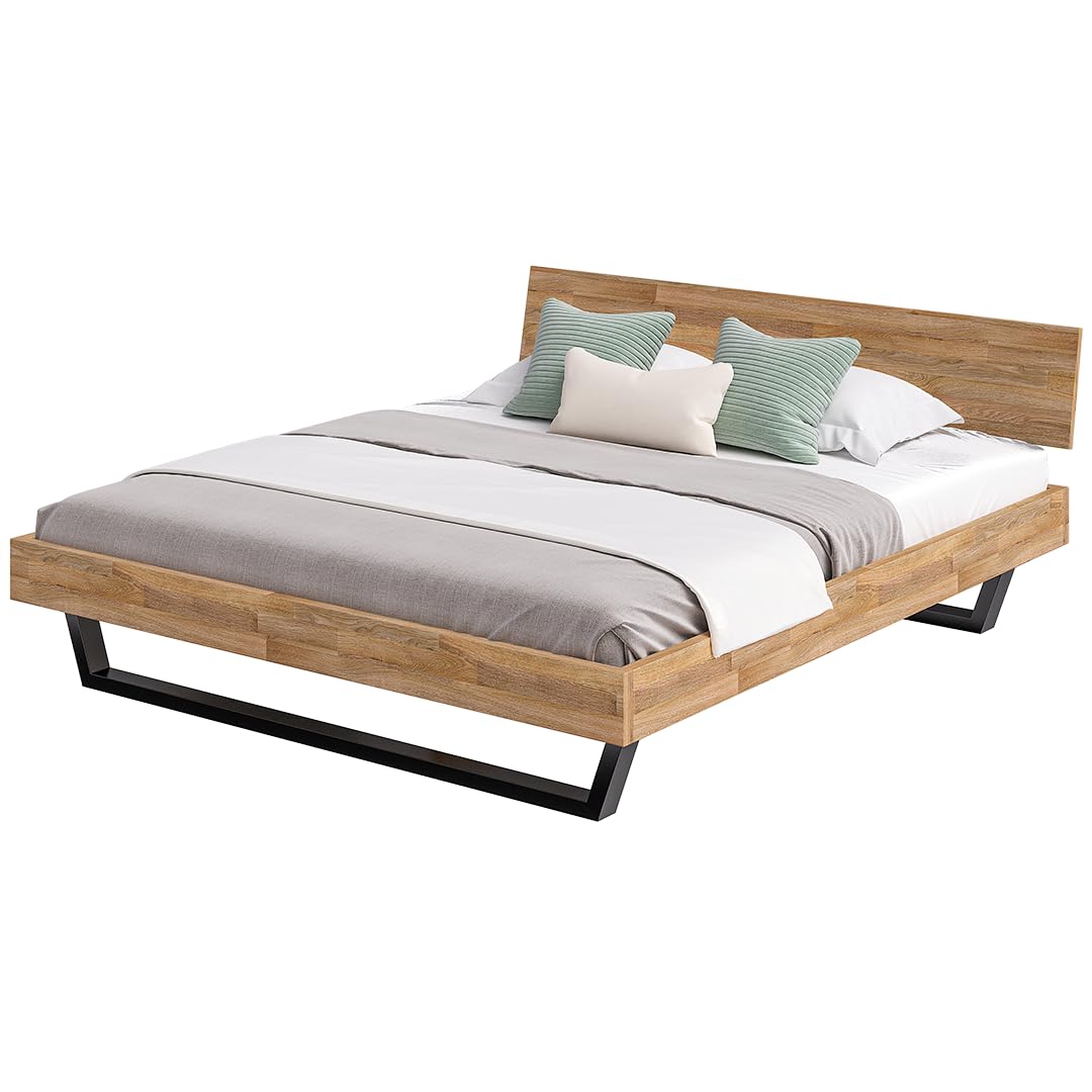 skølm Alver Massivholzbett 180x200 cm – Bettgestell aus Massivholz Eiche geölt – Holzbett mit schwarzen Metallkufen – hochwertiges Bett mit 1 Strebe als Bettkopf – Bettrahmen geeignet als Doppelbett
