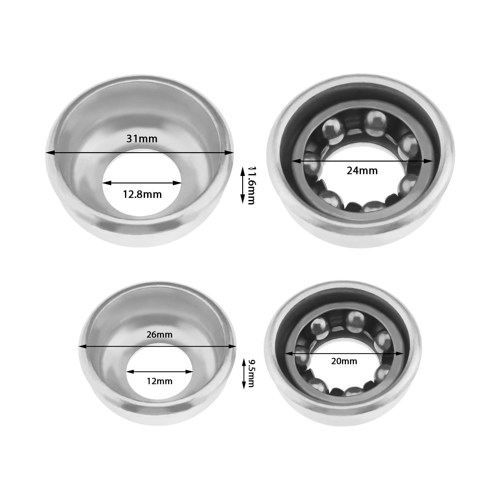 YINETTECH Fahrrad-Nabenschalen-Set – 2 Stück 5/16" Vorderachse + 2 Stück 3/8" Hinterachse, Mit Wulsthaltern, Für Mountainbike YINETTECH Fahrrad-Nabenschalen-Set – 2 Stück 5/16" Vorderachse + 2 Stück 3/8" Hinterachse, Mit Wulsthaltern, Für Mountainbike