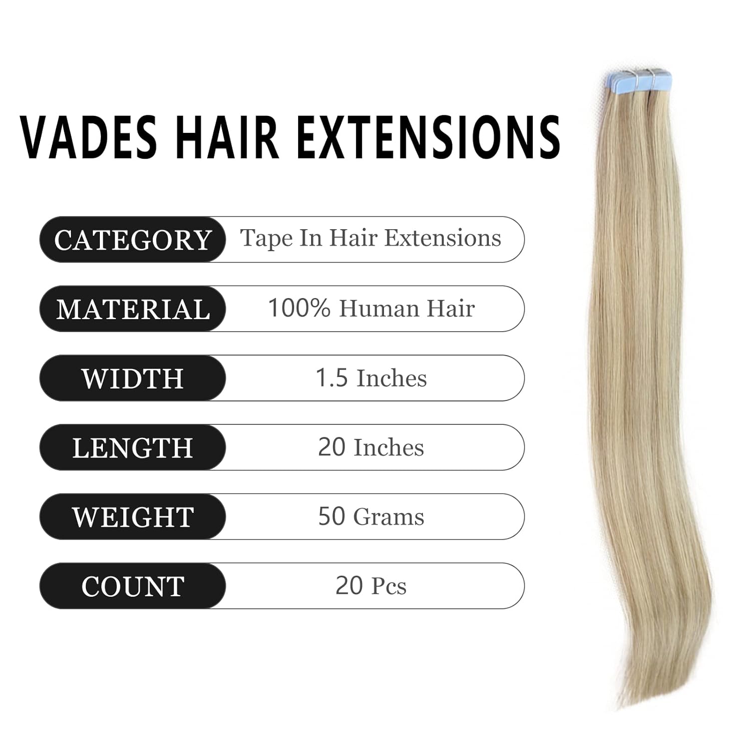 VADES Tape In Hair Extensions Human Hair Mixed Color Ash Blonde with Blonde Tape Hair Extensions Real Human Hair 20 Inch Invisible Seamless Skin Weft Extensions 50 Grams 20 Pieces