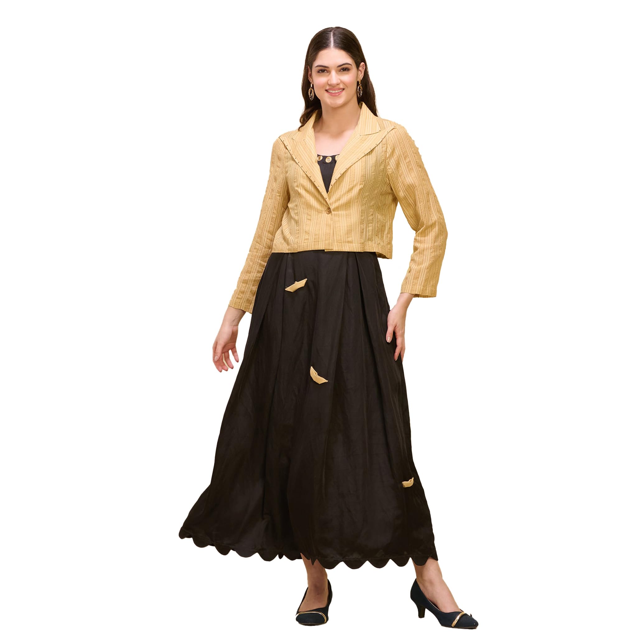 first resort Golden Embellished Short Blazer in Banana Check for Women by Ramola Bachchan-picture-33