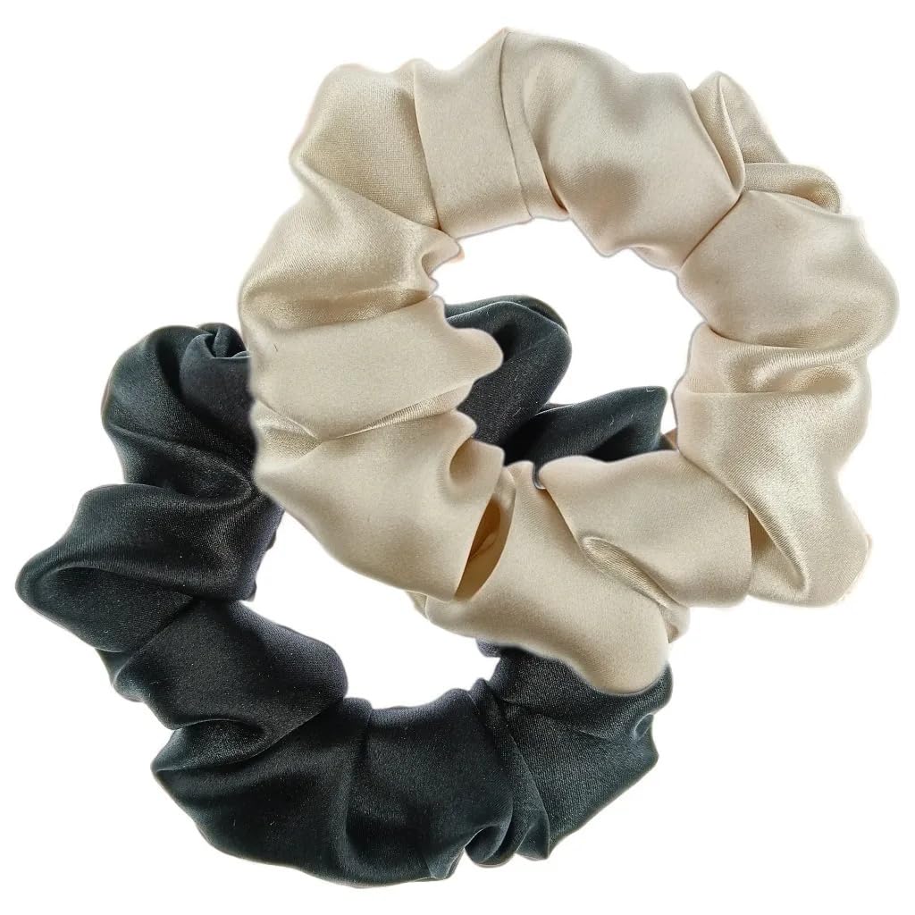 ZHIYE 2 Pcs Silk Hair Scrunchies, 100% Pure Mulberry Silk Hair Ties Elastic Ponytail Holders for Girls and Women Black+Griege