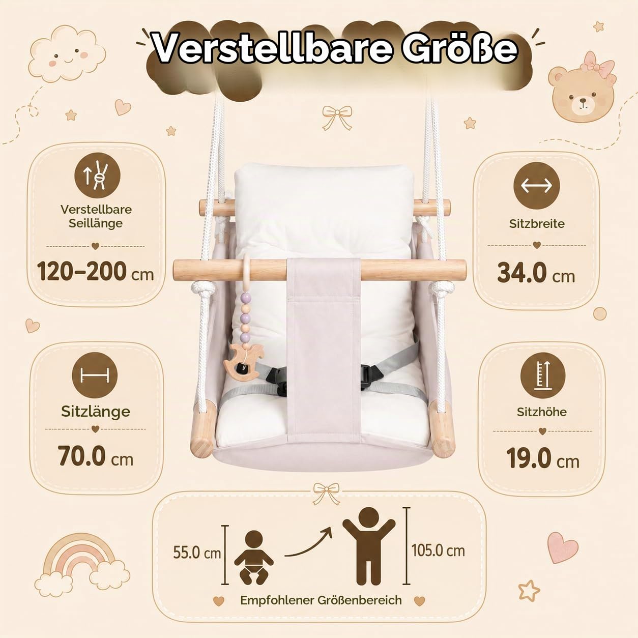 Babyschaukel Indoor 3 in 1,Hängeschaukelsitz aus Holz mit Sicherheitsgurt und Baumwollkissen, Einstellbar Baby Hängematte Schaukel, Kinderschaukel für Outdoor, Liegestuhl für Kinder, 6–36 Monate