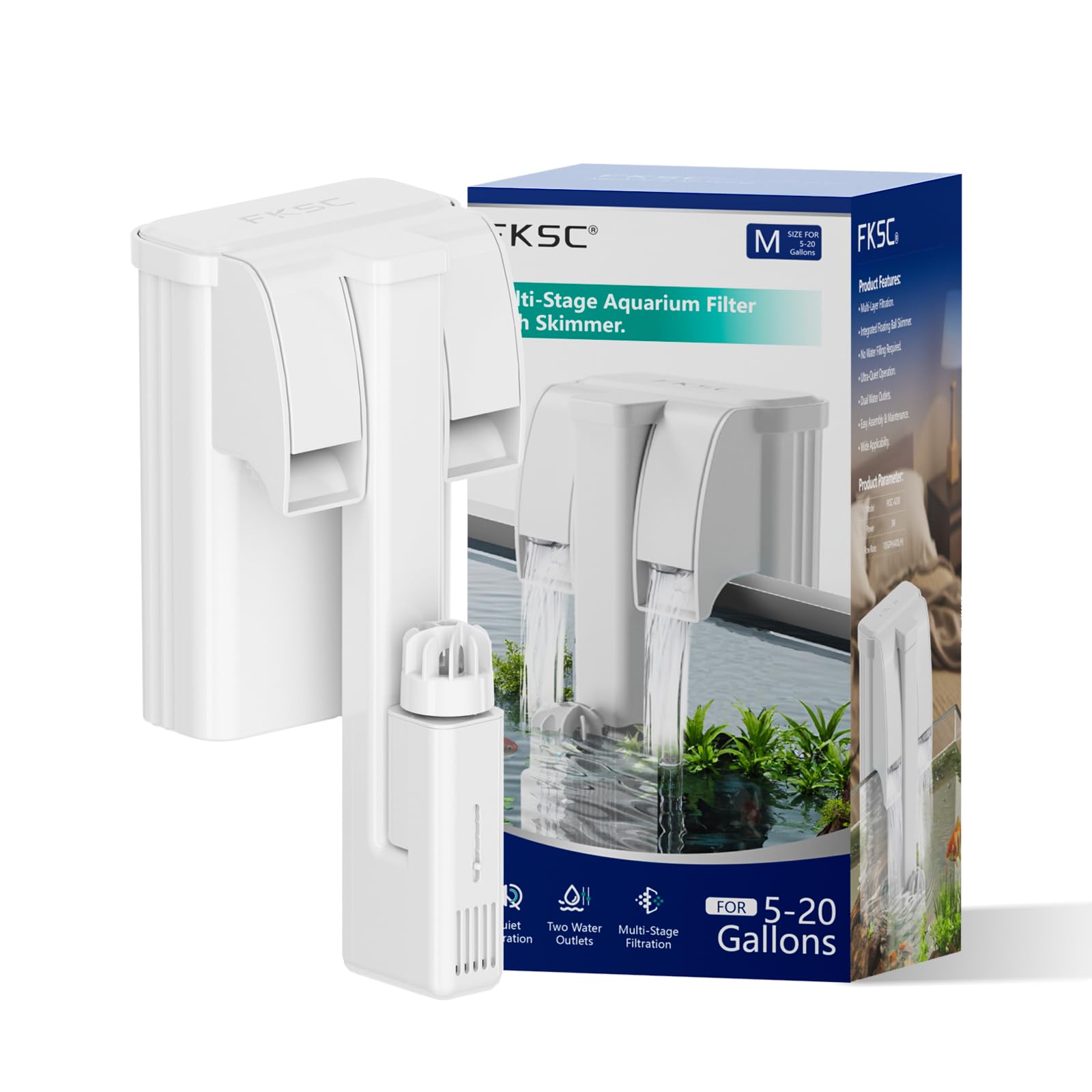Filtro de acuario trasero colgante para tanques de 10-30 galones, filtración multietapa de 3 etapas con skimmer de superficie, filtro de cascada HOB Power ultra silencioso para agua dulce