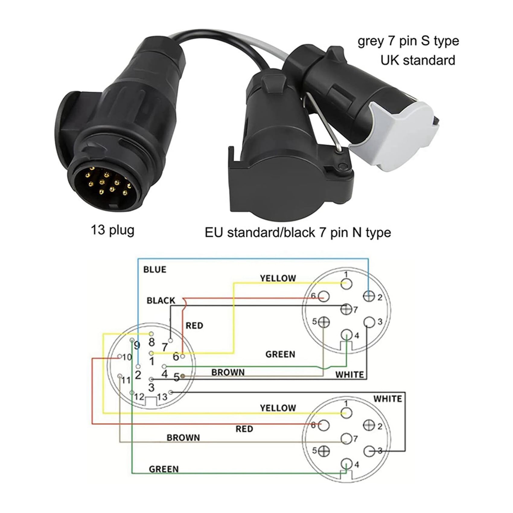 5 x adapter holowniczy, 13-biegunowy wtyk na 7-biegunowe gniazdo 12 N + 12 S, adapter do przyczepy, przyczepy kempingowej