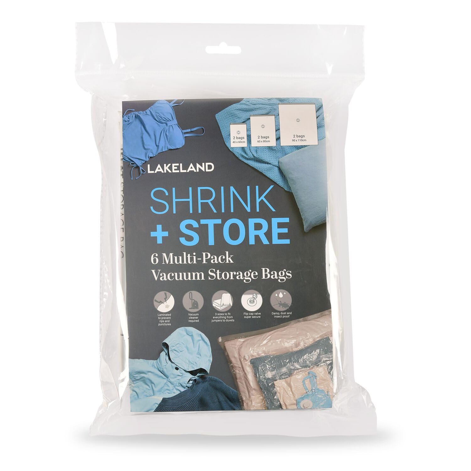 Lakeland Blue 6 Shrink & Store Vacuum Bags 2 Small, 2 Medium, 2 Large Flip-Cap Valve Works With Most Vacuums