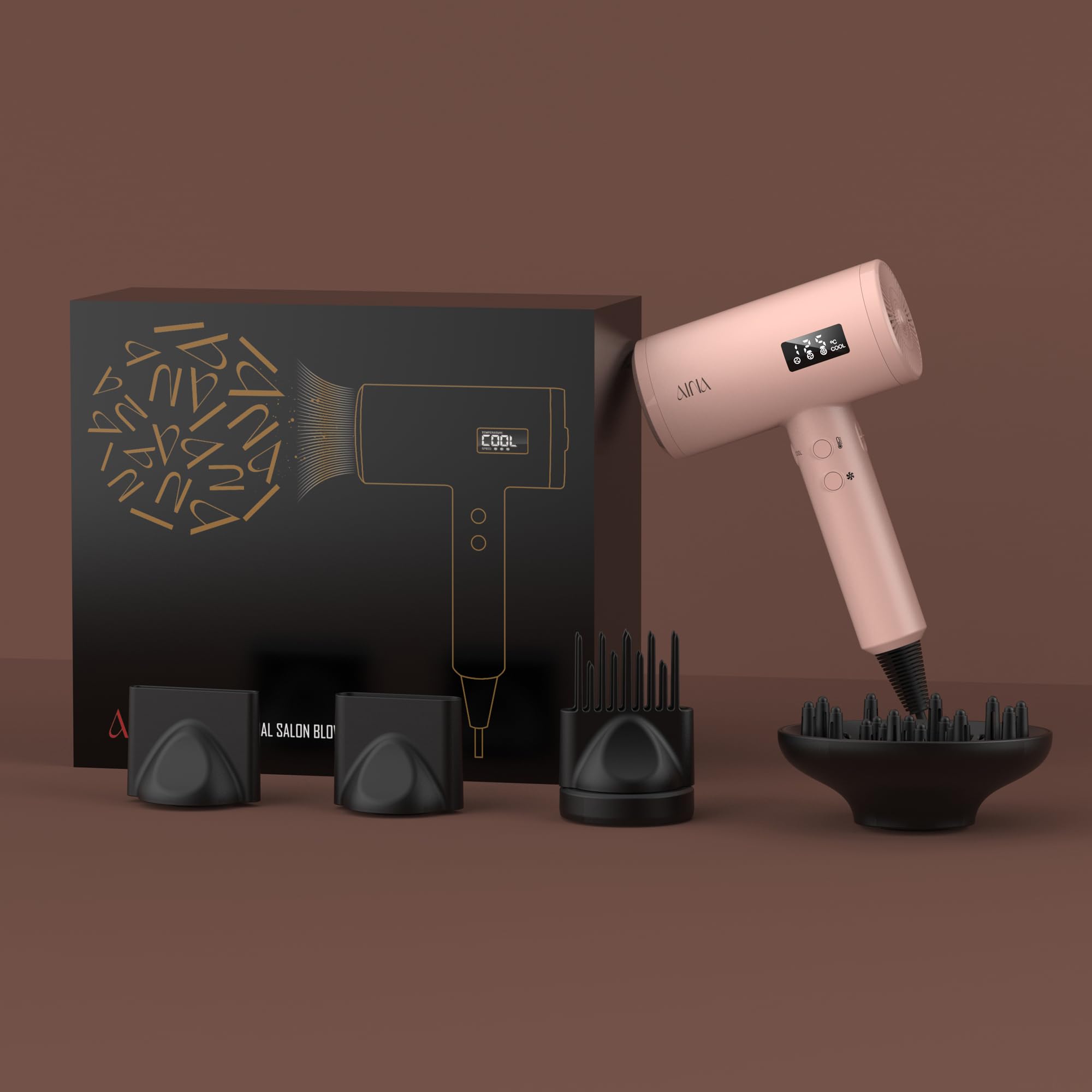Secador de pelo AINA Pro Salon (nueva tecnología),2300W con peine difusor para mujeres | BLDC | Motor sin escobillas de 150,000 rpm | Iónico | Pantalla LED | 4 accesorios magnéticos 230V/EU(rosa)