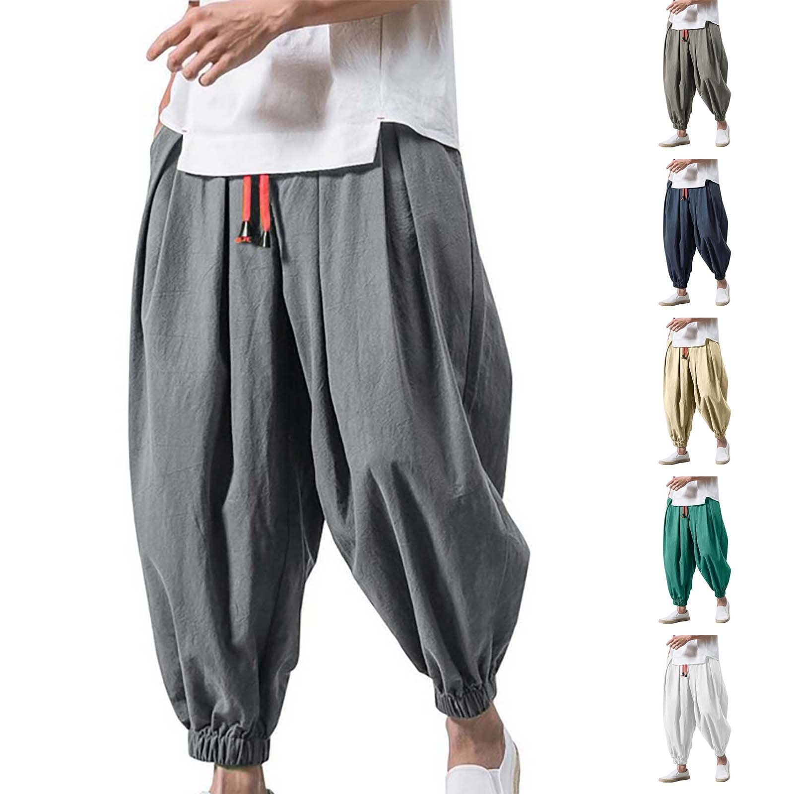 Baggy Haremshose Herren Sommer Leinenhose Leichte Sommerhose Weite Pumphose Pluderhose Aladinhose mit Kordelzug Elastischer Taille Japanische Freizeithose für Männer Junge Y2K Hippie Hose Streetwear