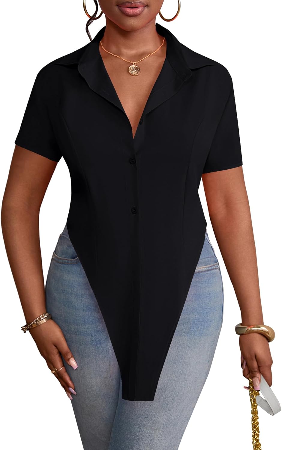 LYANER Women's Collar V Neck Button Front Short Sleeve Slit Hem Long Shirt Blouse Top - Image 4