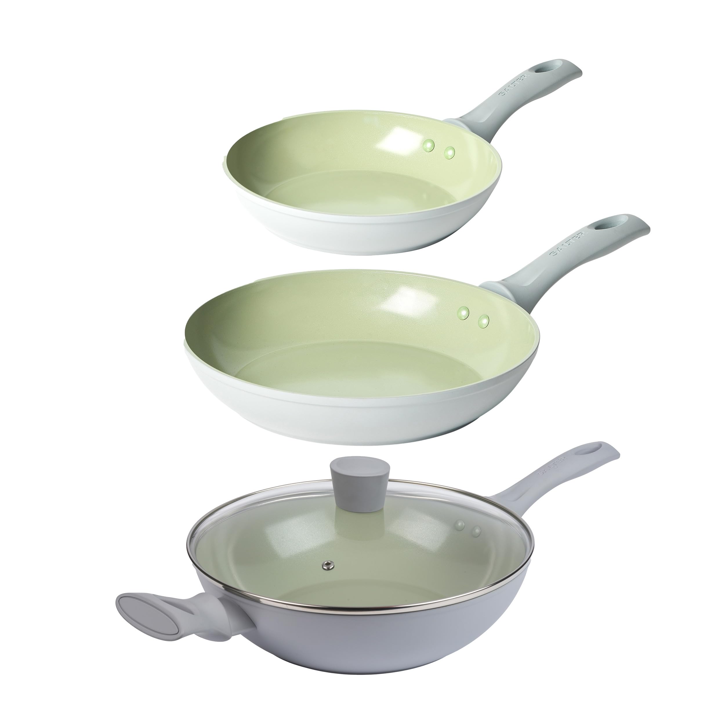 Salter Earth 3-Piece Frying Pan & Wok Set – Includes 20/24 cm Frying Pan & 28 cm Wok with Glass Lid, Healthy Ceramic Non-Stick Coating, PFAS-Free Induction Cookware, Easy Clean, PFOA/PTFE-Free, Green
