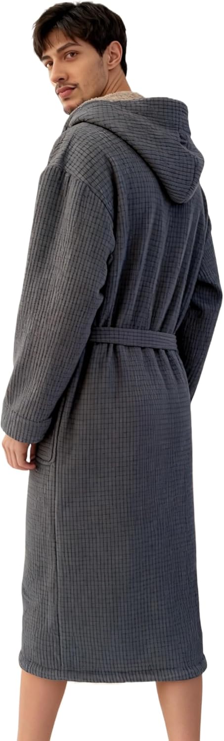 Men's Towel Bathrobe with Hood, Lightweight Plush Fleece Waffle Robe
