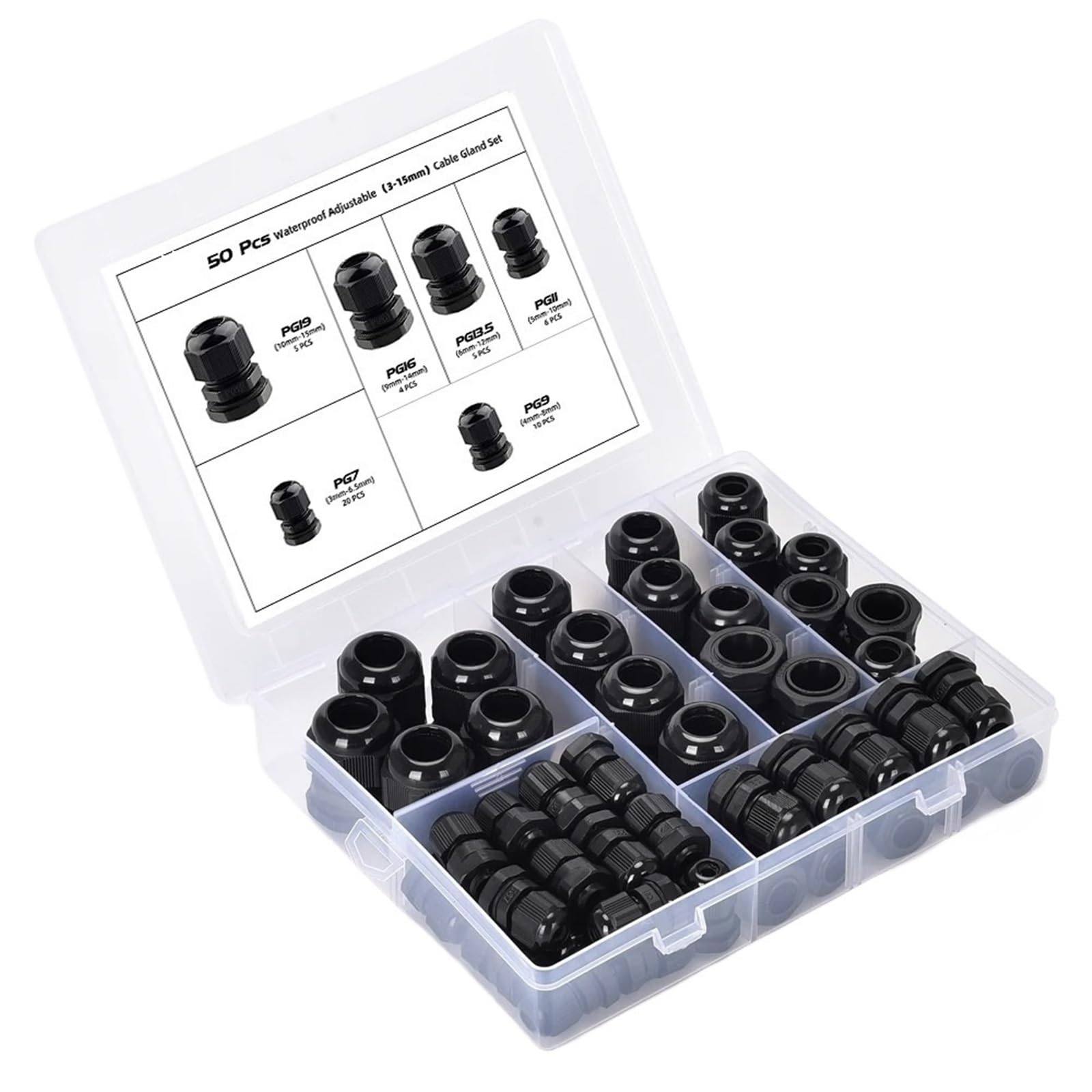 Xinglongs One Color Waterproof Cable Glands 50Pcs Waterproof Cable Gland Pg7 Pg9 Pg11 Pg13.5 Pg16 Pg19 Plastic Black Fixing Joint With Gasket