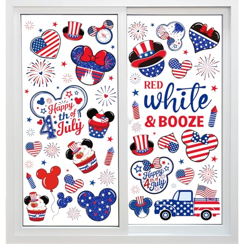 Raxfly 9 Pcs 4th of July Window Clings - USA 250th Anniversary Mouse Window Stickers Independence Day Decorations for Glass Windows Doors Patriotic Holiday Decals for Home Party Classroom