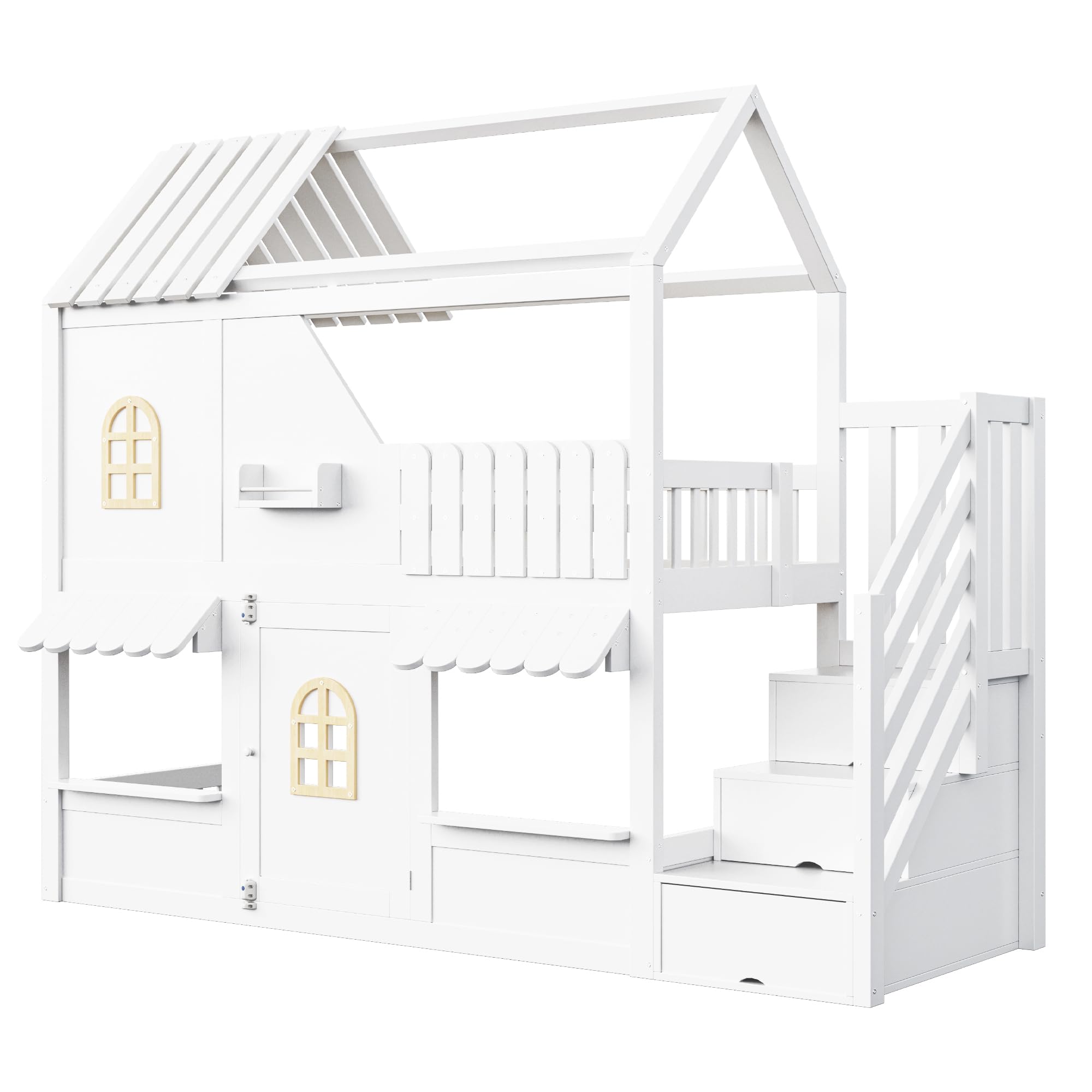 Litera infantil de 90 x 200 cm, color blanco, diseño en forma de casa con ventanas, techo, barandilla y puerta, escalera de almacenamiento y estantes, sin colchón