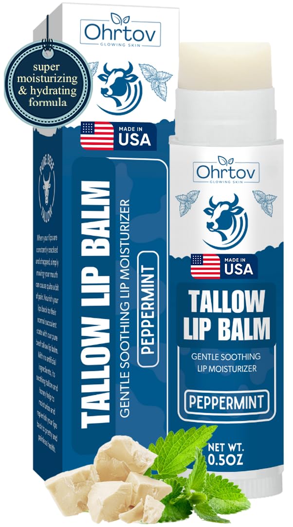 Beef Tallow Lip Balm – Natural Tallow Beeswax Chapstick – Hydrating Moisturizer Grass Fed Bison Tallow Balm Lip Care – Soothes Chapped, Dry Lips,