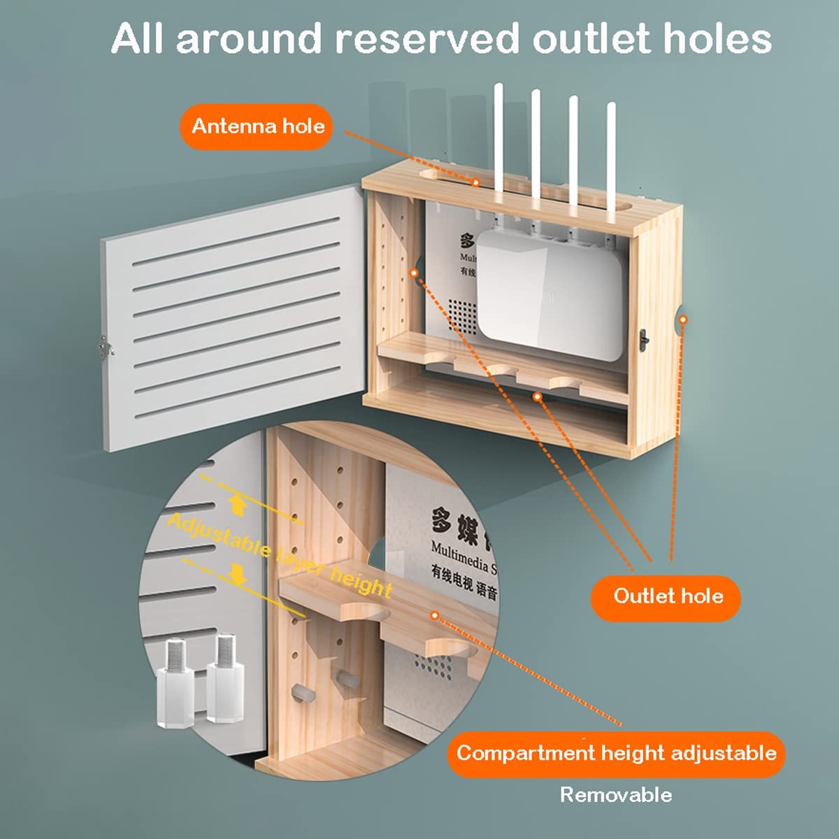 Kabellose Router Aufbewahrungsbox Holz Deko Abdeckung Wohnzimmer Halter Kabelsteckdose Versteck mit Tür/Grau Innendurchmesser 45cm