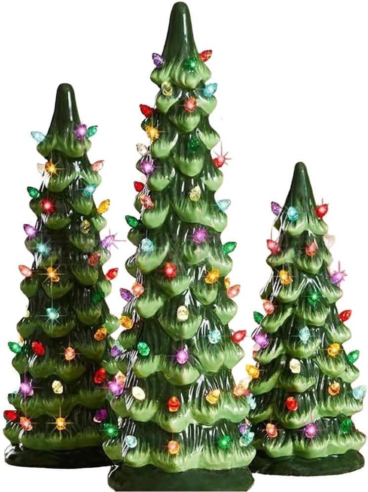 Retro Hand-Painted Tabletop Christmas Tree With LED Lights, Festive Decorative Ornament For Holiday Home Décor, Compact Size For Desk Mantel Shelf(set)